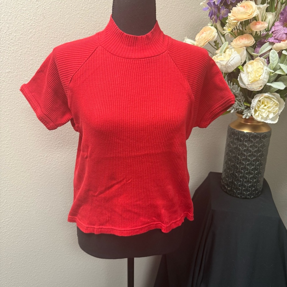 Pierre Cardin Red Ribbed Mock Neck Tee | Classic Fitted Cotton Knit Top L